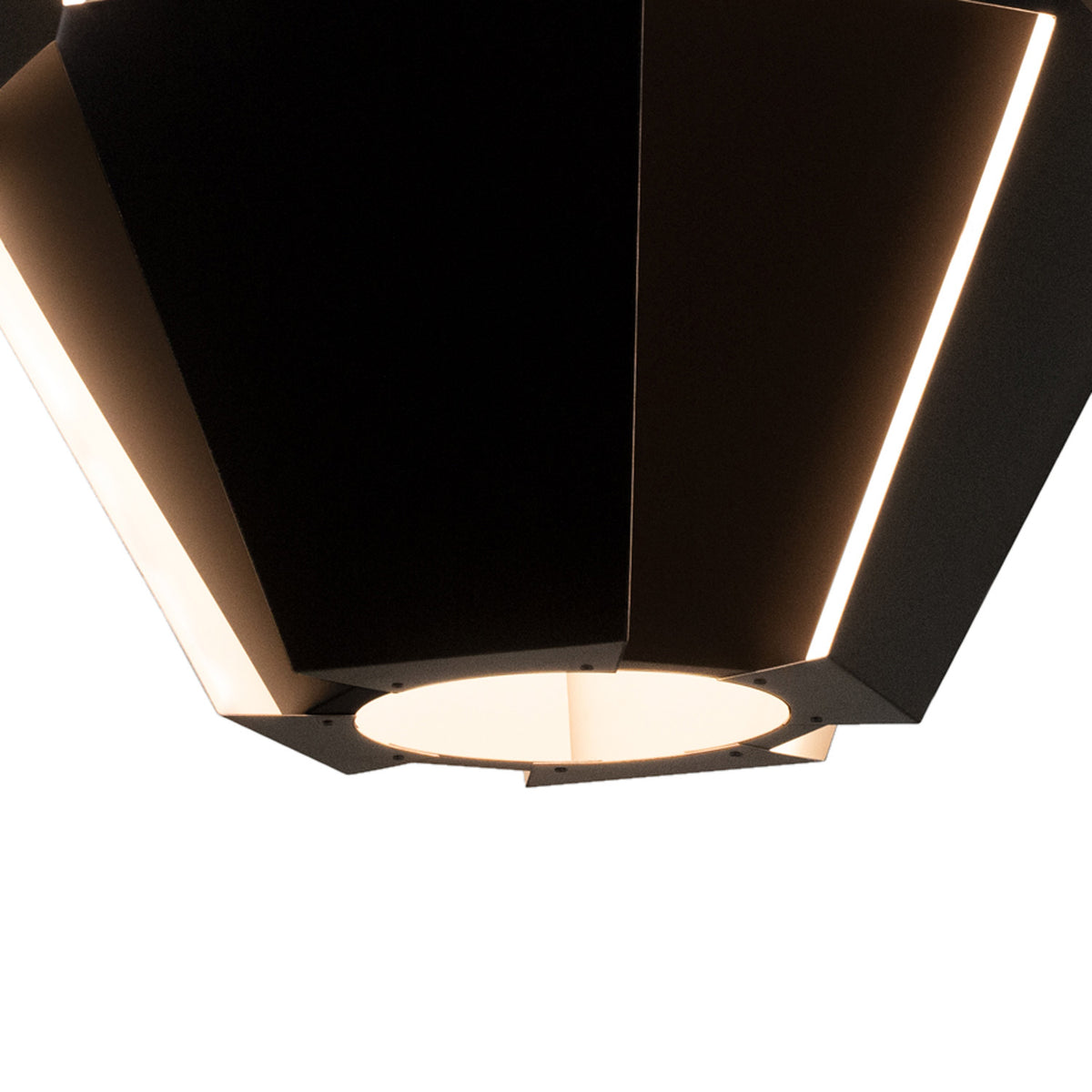 Astrum LED Pendant by Cerno, showing detail view of astrum led pendant in matte black/white interior shade.