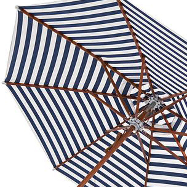 Atlantis Stripes Outdoor Umbrella Ø330 by Skagerak, showing closeup view of atlantis stripes outdoor umbrella in dark blue stripes fabric.