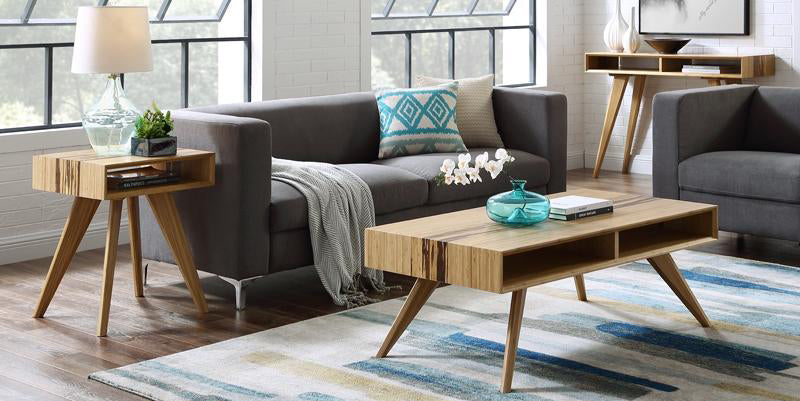 Azara Coffee Table by Greenington, showing azara coffee table with sofas & different tables in live shot.