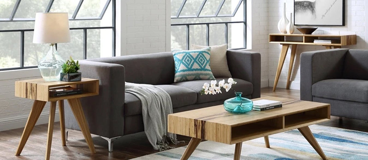 Azara Console Table by Greenington, showing azara console table with sofas & different tables in live shot.