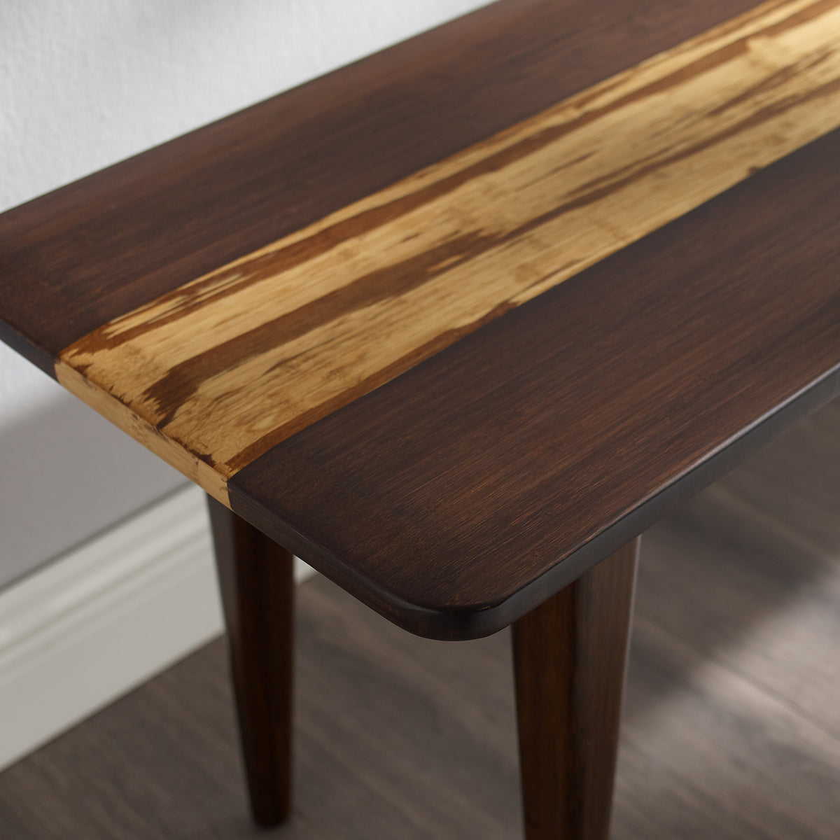 Azara Dining Bench by Greenington, showing closeup view of azara dining bench in live shot.