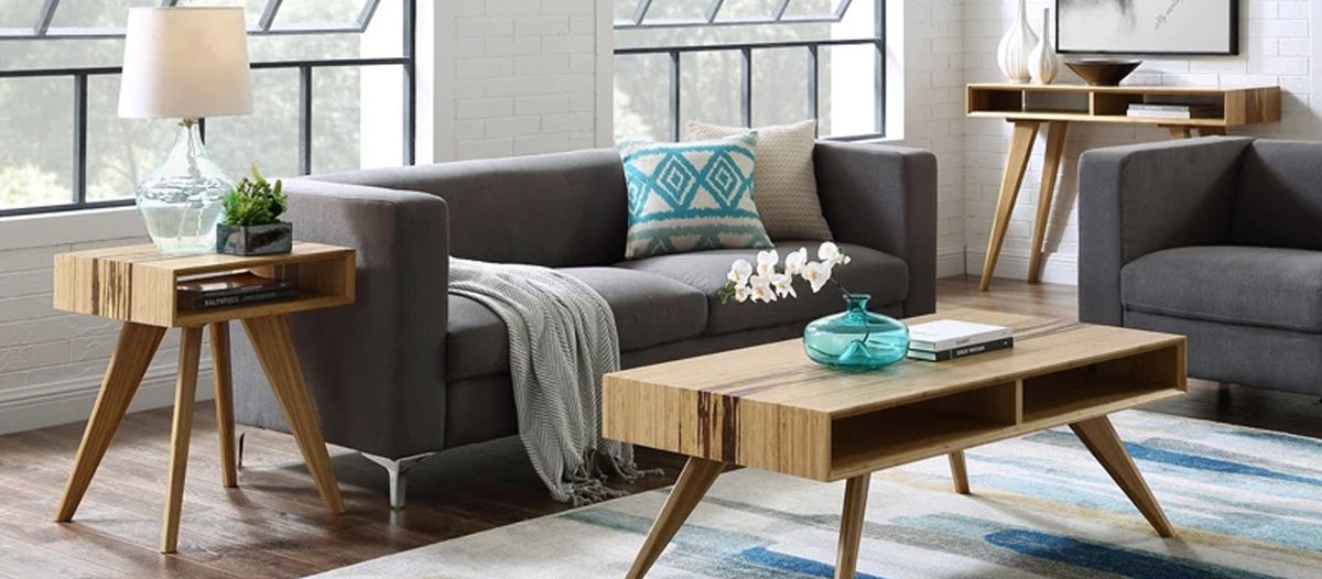 Azara End Table by Greenington, showing azara end table sofas & different tables in live shot.
