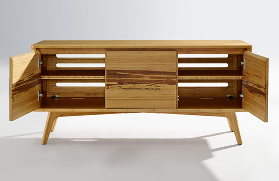 Azara Media Cabinet by Greenington, showing front view of opened azara media cabinet in caramelized.