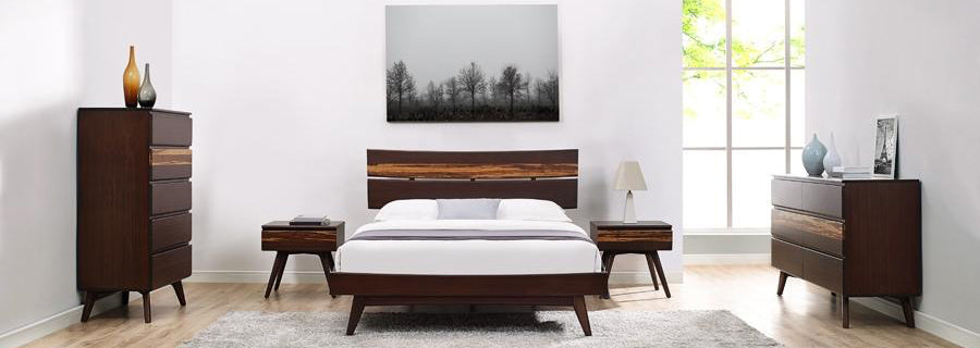 Azara Nightstand by Greenington, showing azara nightstands with bed & drawers in live shot.