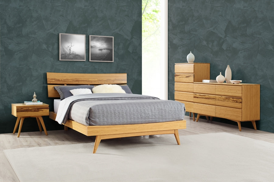 Azara Nightstand by Greenington, showing azara nightstand with bed & drawers in live shot.