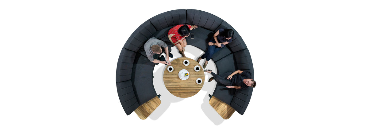Babbo HPL Right Hand Sectional by Mamagreen, showing top view of babbo hpl right hand sectional in slate HPL/black stamskin leather/black sunbrella cushion.