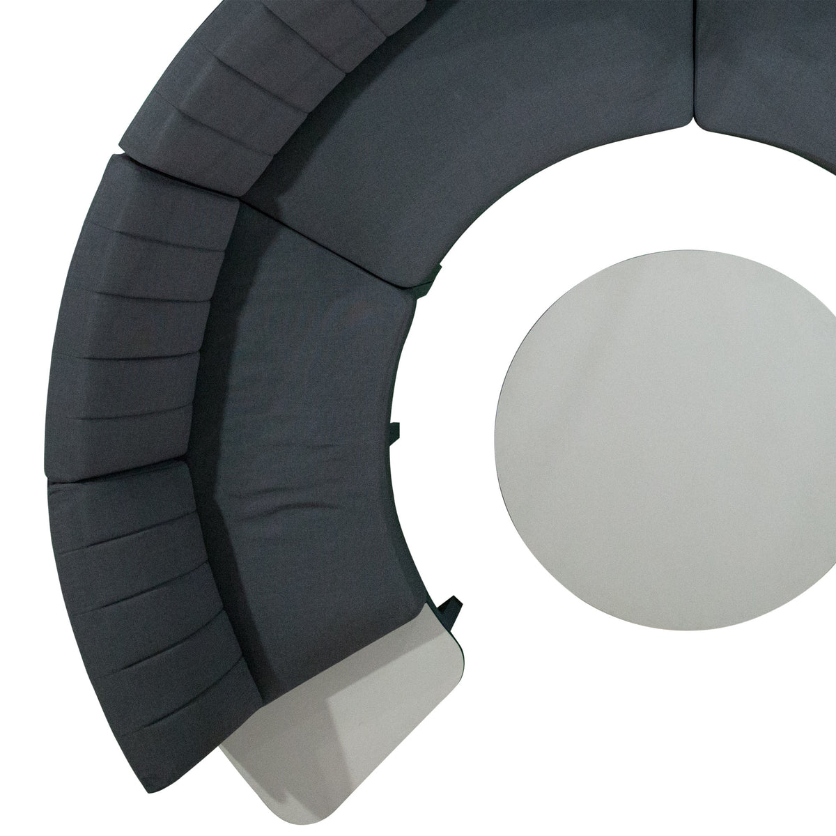 Babbo Regular HPL Configuration 6 by Mamagreen, showing closeup view of babbo regular hpl configuration 6 in slate HPL/black stamskin leather/black sunbrella cushion.