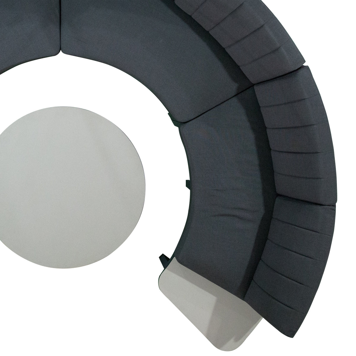 Babbo Regular HPL Configuration 6 by Mamagreen, showing closeup view of babbo regular hpl configuration 6 in slate HPL/black stamskin leather/black sunbrella cushion.