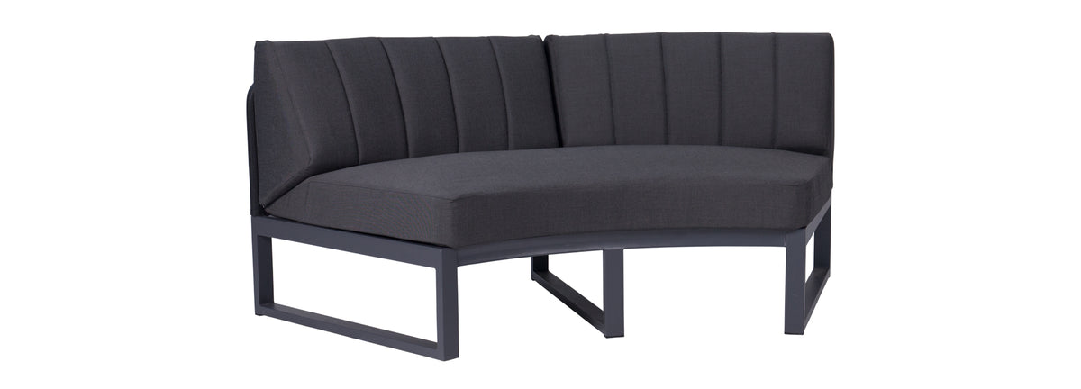 Babbo Regular HPL Configuration 6 by Mamagreen, showing angle view of sectional piece for babbo regular hpl configuration 6 in slate HPL/black stamskin leather/black sunbrella cushion.