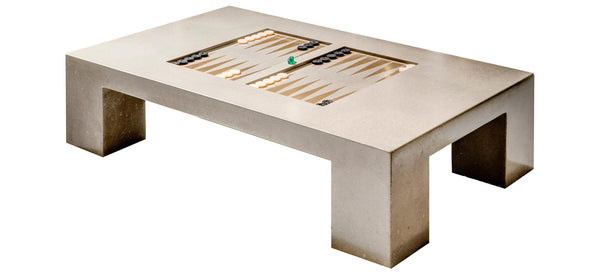 James De Wulf Backgammon Table by De Wulf, showing angle view of table in natural tone concrete.