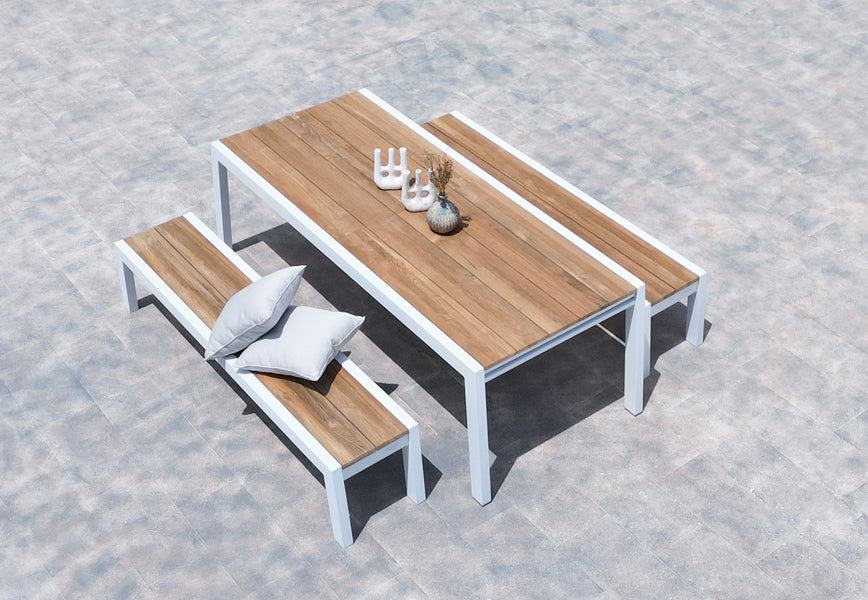 Baia Teak Aluminum Bench by Mamagreen, showing baia teak aluminum benches in live shot.