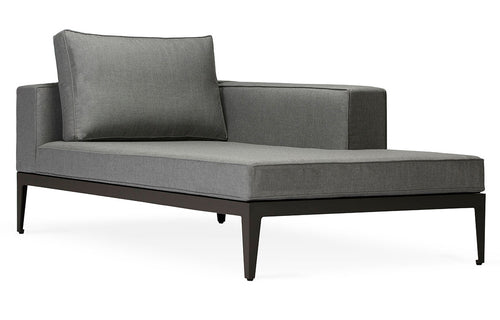 Balmoral Chaise Sectional by Harbour - Asteroid Aluminum + Taupe Woven Strap/Sunbrella Cast Slate.