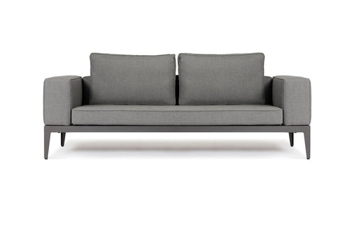 Balmoral Two Seater Sofa by Harbour - Asteroid Aluminum + Taupe Woven Strap/Sunbrella Cast Slate.