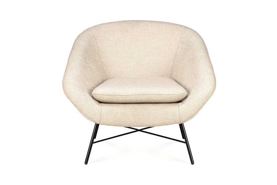 Barrow Lounge Chair by Ethnicraft, showing front view of lounge chair in off white fabric.
