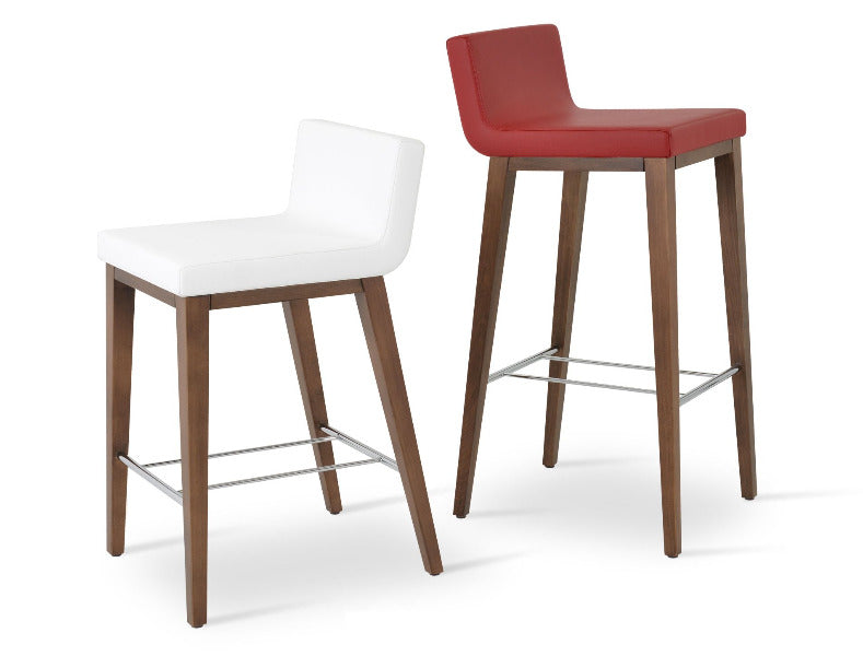 Dallas Wood Counter Stool by SohoConcept, showing angle view of dallas wood counter stools in white and red leatherette with walnul base finish.