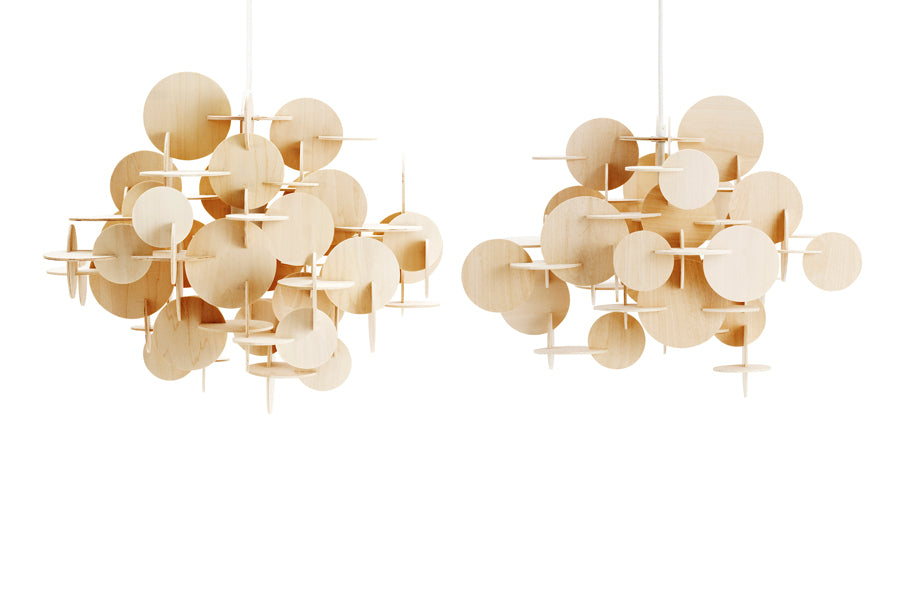 Bau US Pendant Lamp by Normann Copenhagen, showing bau us pendant lamps in small & large/linden wood veneer.