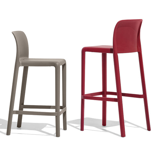 Bayo Stool by Connubia, showing different angles of bayo stools in taupe/oxide red metal frame/seat.