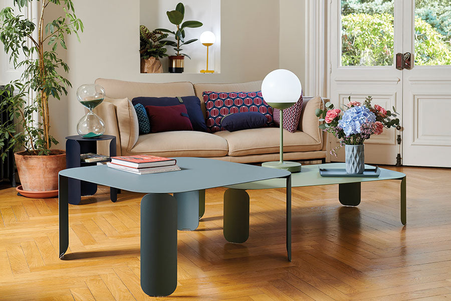 Bebop Side Table with Shelf by Fermob, showing bebop side table in live shot.