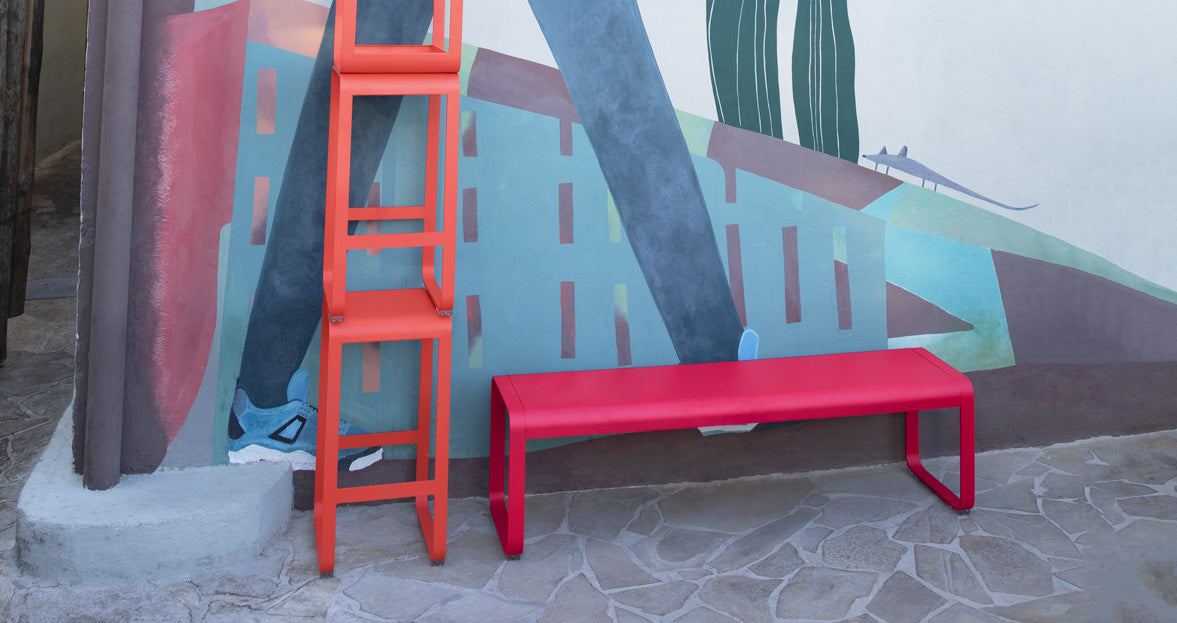 Bellevie Bench by Fermob, showing front view of bench in the live shot.