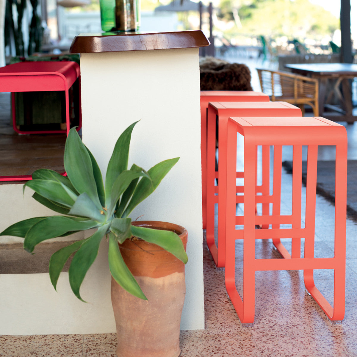 Bellevie High Stool Without Backrest by Fermob, showing of high stools in the live shot.