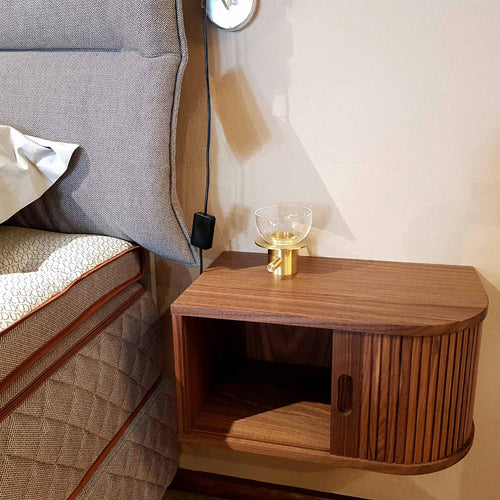 BPS Bedside Table No. 129 by Bernh. Pedersen & Son, showing open tambour door view of bps bedside table no. 129 in live shot.