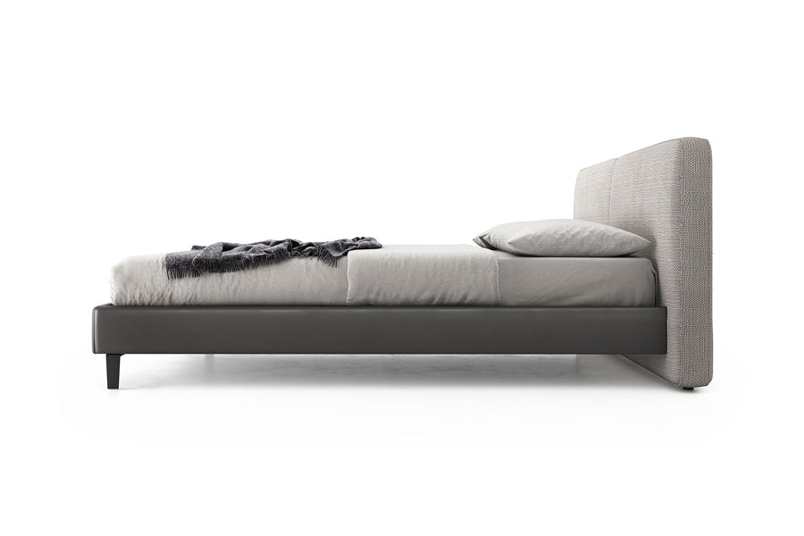 Bethune Bed by Modloft, showing side view of bethune bed in gibraltar fabric and graphite eco leather.