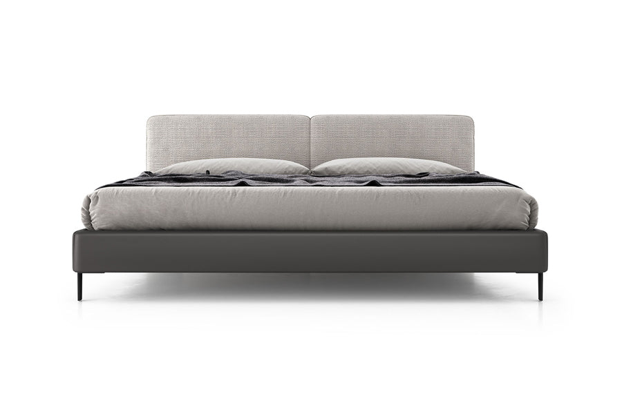 Bethune Bed by Modloft, showing front view of bethune bed in gibraltar fabric and graphite eco leather.
