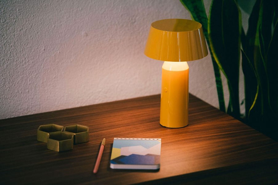 Bicoca Portable Table Lamp by Marset, showing bicoca portable table lamp in live shot.