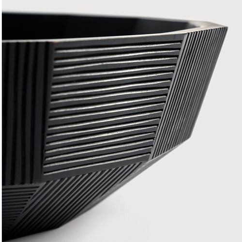 Black Striped Bowl by Ethnicraft, showing closeup view of striped bowl. 