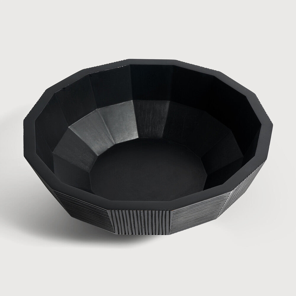 Black Striped Bowl by Ethnicraft, showing front view of striped bowl. 