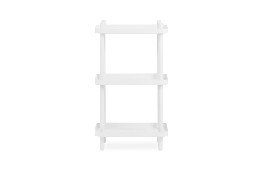Block Shelf by Normann Copenhagen, showing front view of block shelf in white painted lacquered ash wood/white powder coated steel.