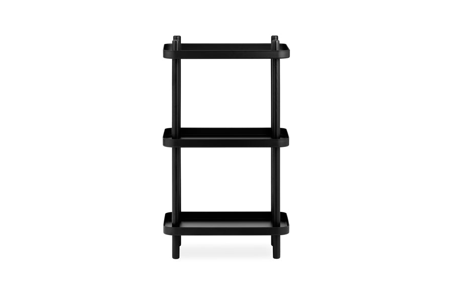 Block Shelf by Normann Copenhagen, showing front view of block shelf in black painted lacquered ash wood/black powder coated steel.