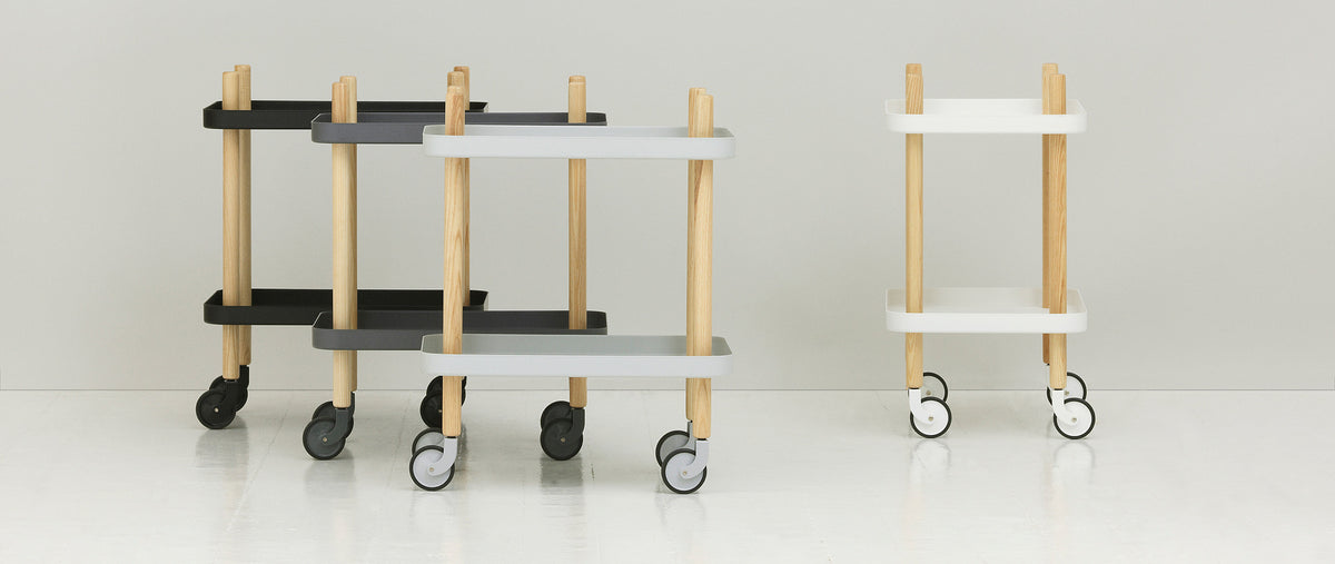 Block Trolley Table by Normann Copenhagen, showing block trolley tables in live shot.