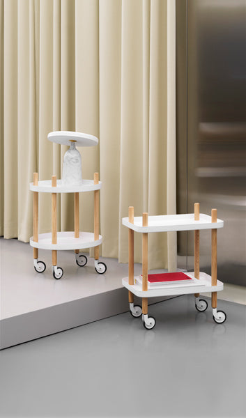 Block Trolley Table by Normann Copenhagen, showing block trolley tables in live shot.