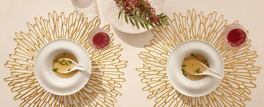Bloom Round Tabletop by Chilewich, showing bloom round tabletops in live shot.