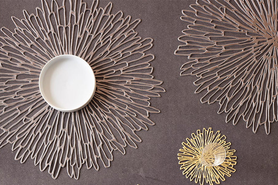 Bloom Round Tabletop by Chilewich, showing bloom round tabletops in live shot.
