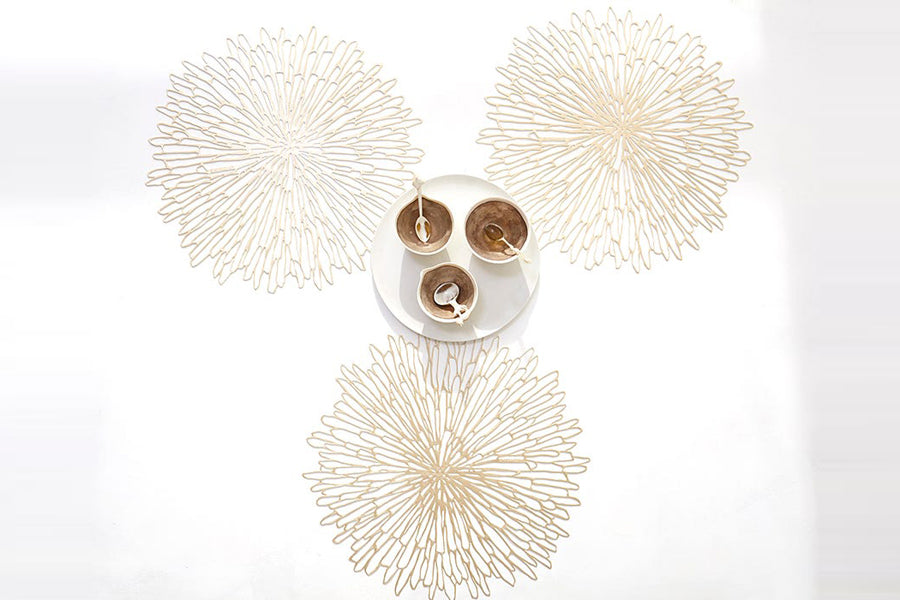 Bloom Round Tabletop by Chilewich, showing bloom round tabletops in live shot.