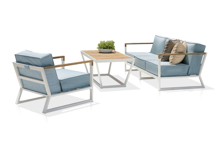Bondi Beau 1-Seater by Mamagreen, showing back view of bondi beau 1-seater in ultra durable category m/acqua agora waterproof cushion with table and 2-seater sofa.