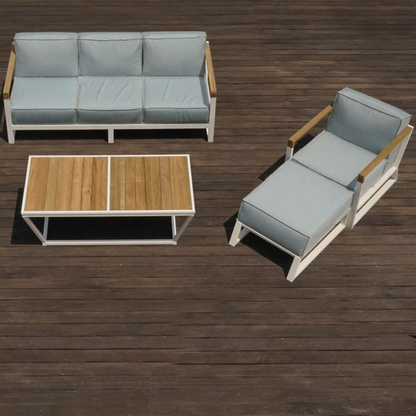 Bondi Beau 3-Seater by Mamagreen, showing bondi beau 3-seater with coffee table, chair & footrest in live shot.