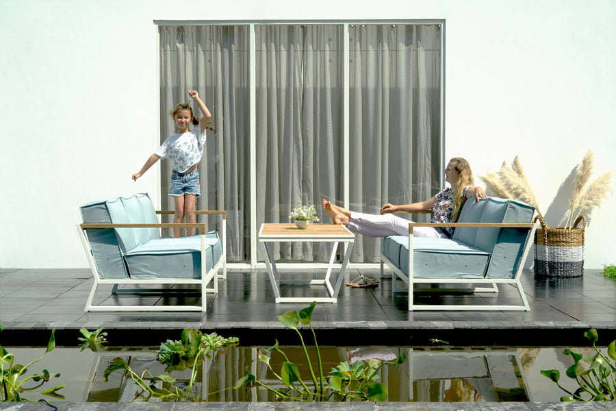Bondi Beau 3-Seater by Mamagreen, showing two bondi beau 3-seaters with coffee table in live shot.