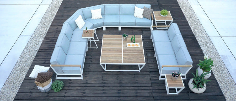 Bondi Beau 3-Seater by Mamagreen, showing bondi beau 3-seater with sectional, coffee table & side table in live shot.