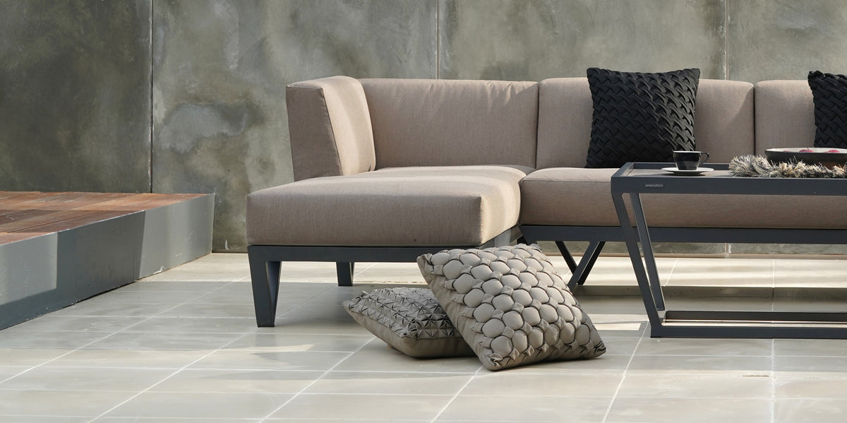 Bondi Belle 2-Seater Left Hand Arm Sectional Sofa by Mamagreen, showing bondi belle 2-seater left hand arm sectional sofa with chaise & table in live shot.