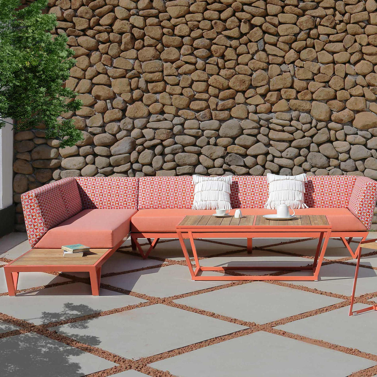 Bondi Belle 2-Seater Left Hand Arm Sectional Sofa with Teak Table by Mamagreen, showing bondi belle 2-seater left hand arm sectional sofa with teak table in live shot.