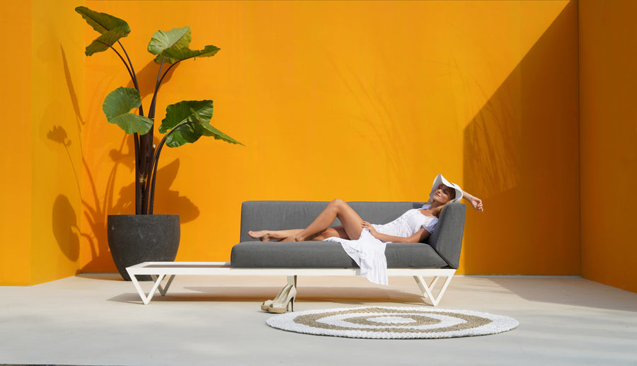 Bondi Belle 2-Seater Left Hand Arm Sectional Sofa with Teak Table by Mamagreen, showing bondi belle 2-seater left hand arm sectional sofa with teak table in live shot.