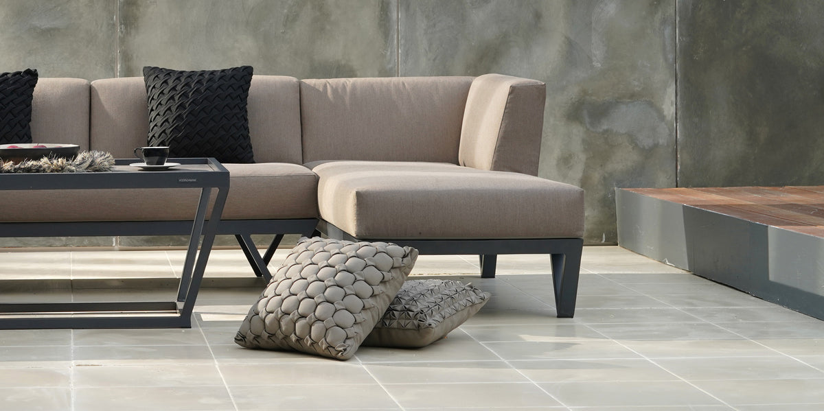 Bondi Belle 2-Seater Right Hand Arm Sectional Sofa by Mamagreen, showing bondi belle 2-seater right hand arm sectional sofa with chaise & table in live shot.