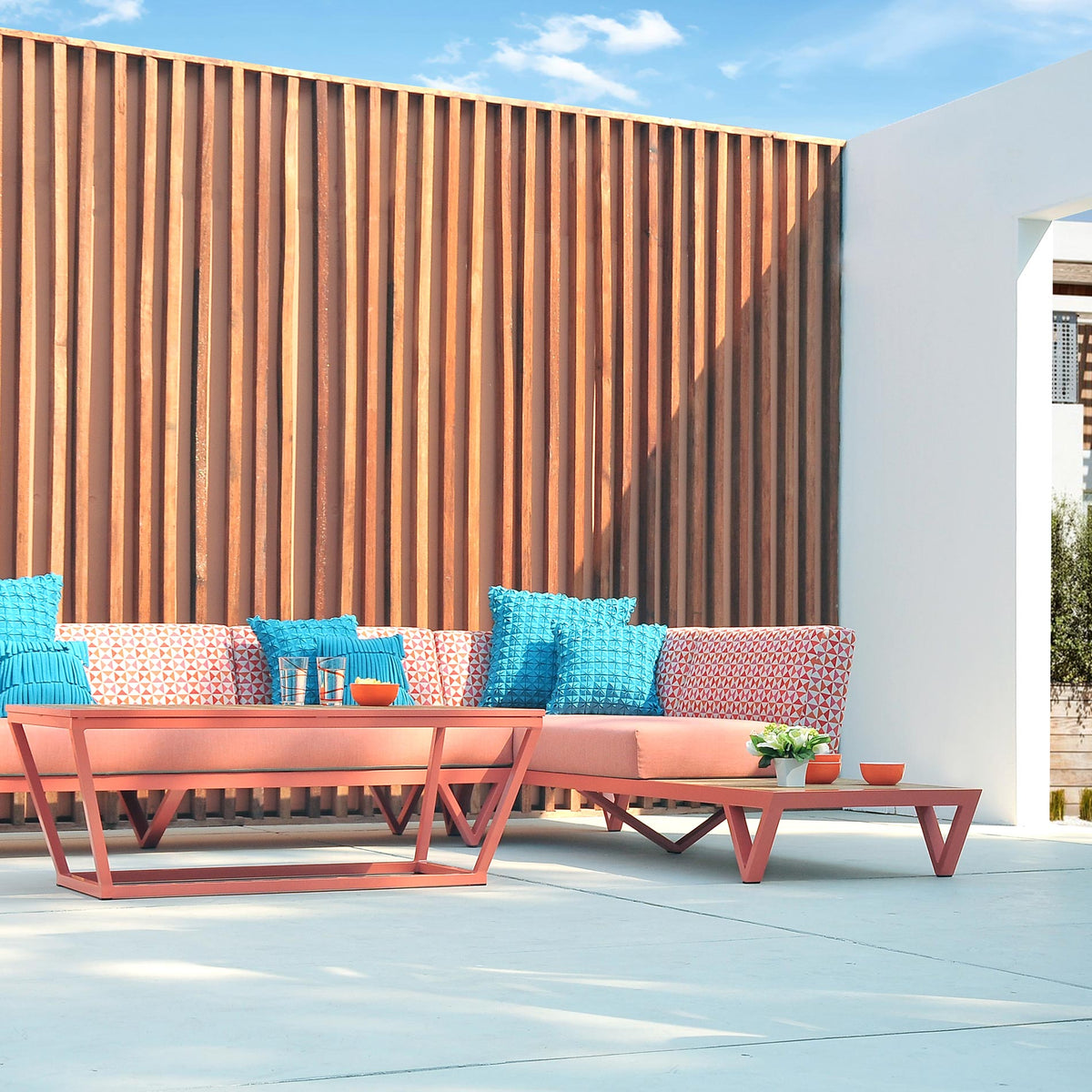Bondi Belle 2-Seater Right Hand Arm Sectional Sofa with HPL Table by Mamagreen, showing bondi belle 2-seater right hand arm sectional sofa with hpl table in live shot.