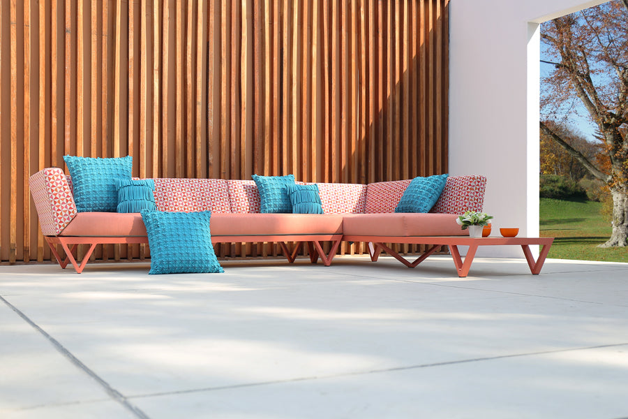 Bondi Belle 2-Seater Right Hand Arm Sectional Sofa with Teak Table by Mamagreen, showing bondi belle 2-seater right hand arm sectional sofa with teak table in live shot.