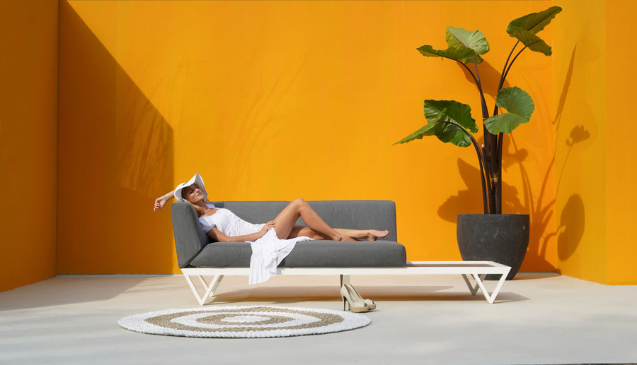 Bondi Belle 2-Seater Right Hand Arm Sectional Sofa with Teak Table by Mamagreen, showing bondi belle 2-seater right hand arm sectional sofa with teak table in live shot.