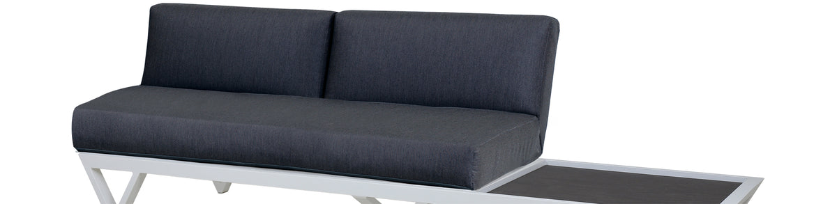 Bondi Belle 2-Seater Sectional Sofa with Left HPL Table by Mamagreen, showing angle view of bondi belle 2-seater sectional sofa with left hpl table in grafito agora cushion.