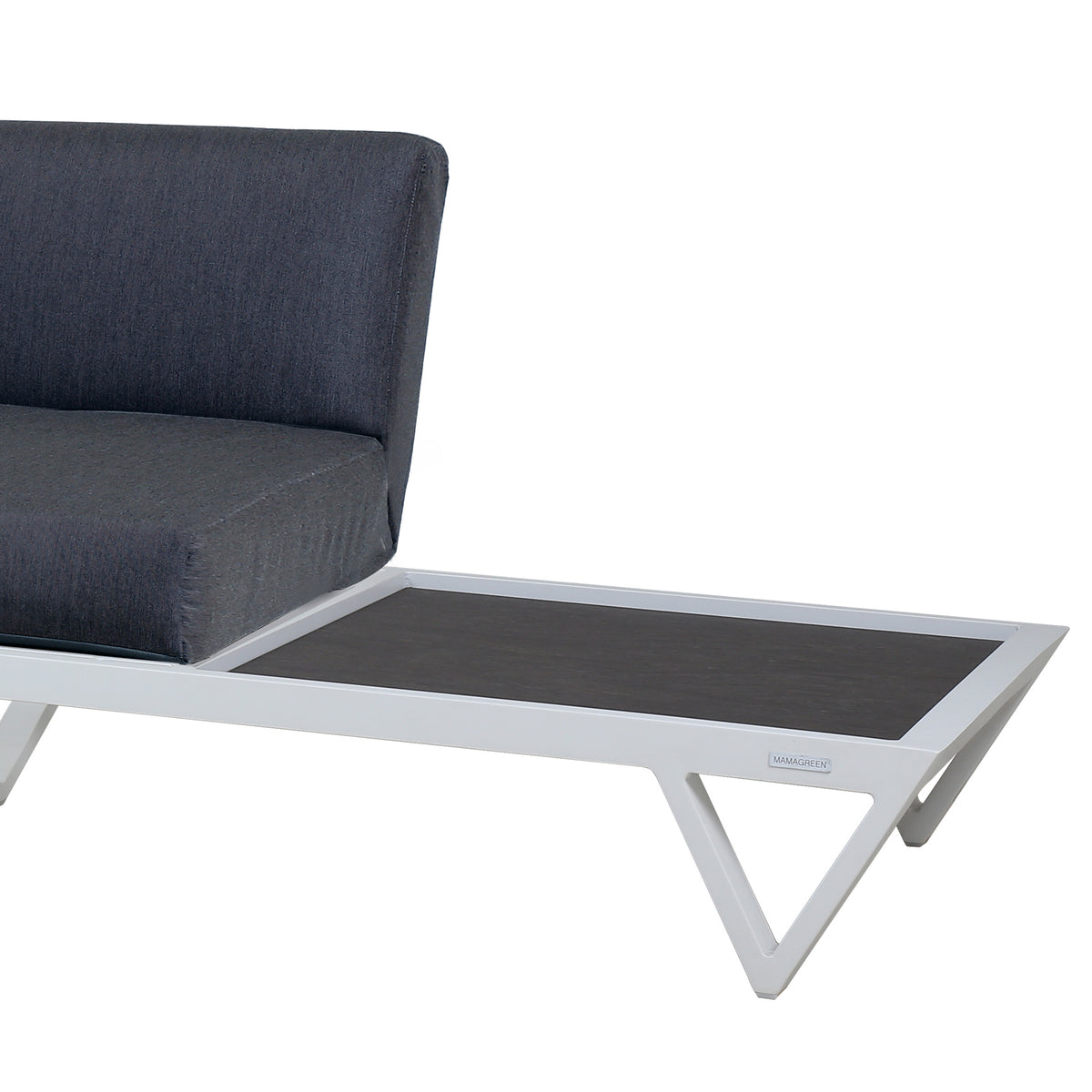 Bondi Belle 2-Seater Sectional Sofa with Left HPL Table by Mamagreen, showing closeup view of bondi belle 2-seater sectional sofa in grafito agora cushion with left hpl table.